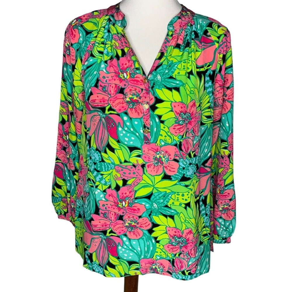 Lilly Pulitzer Skip On It Elza Top Blouse Size Medium 100% Silk Frogs Floral